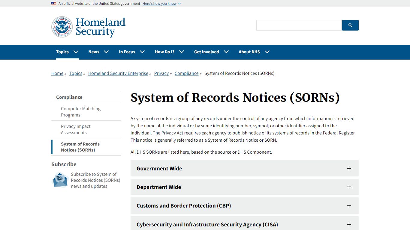 System of Records Notices (SORNs) | Homeland Security